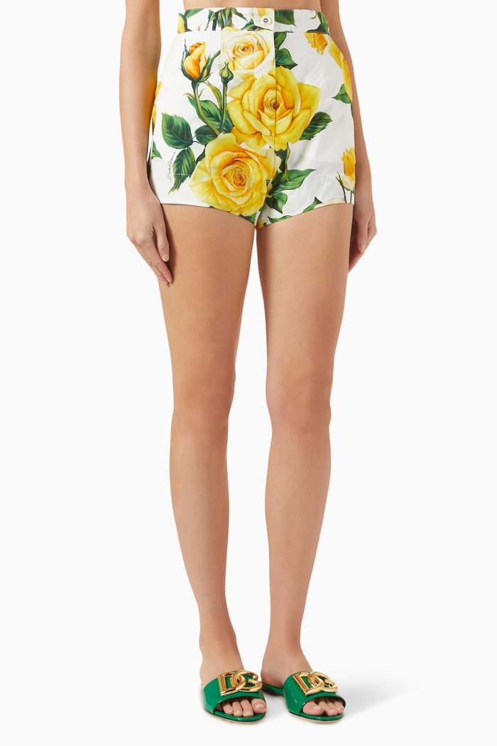 Floral-print Shorts in Cotton-poplin, Yellow