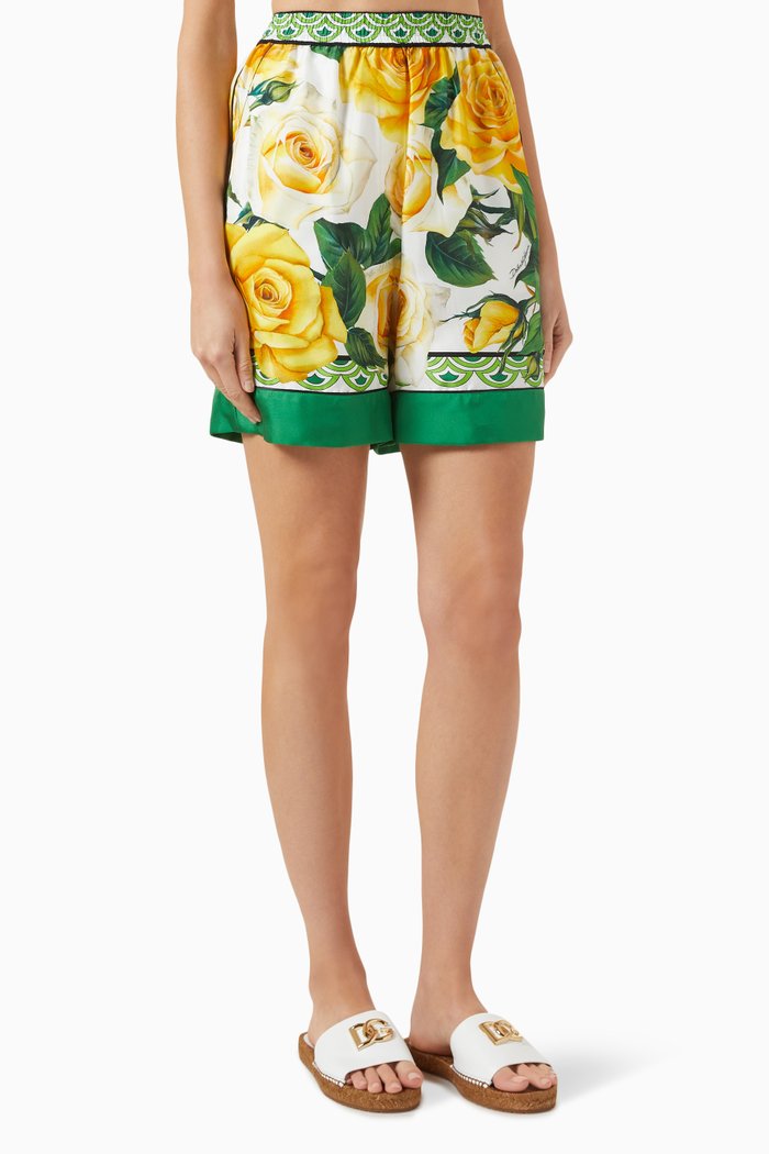 

Floral-print Shorts in Silk-twill, Green
