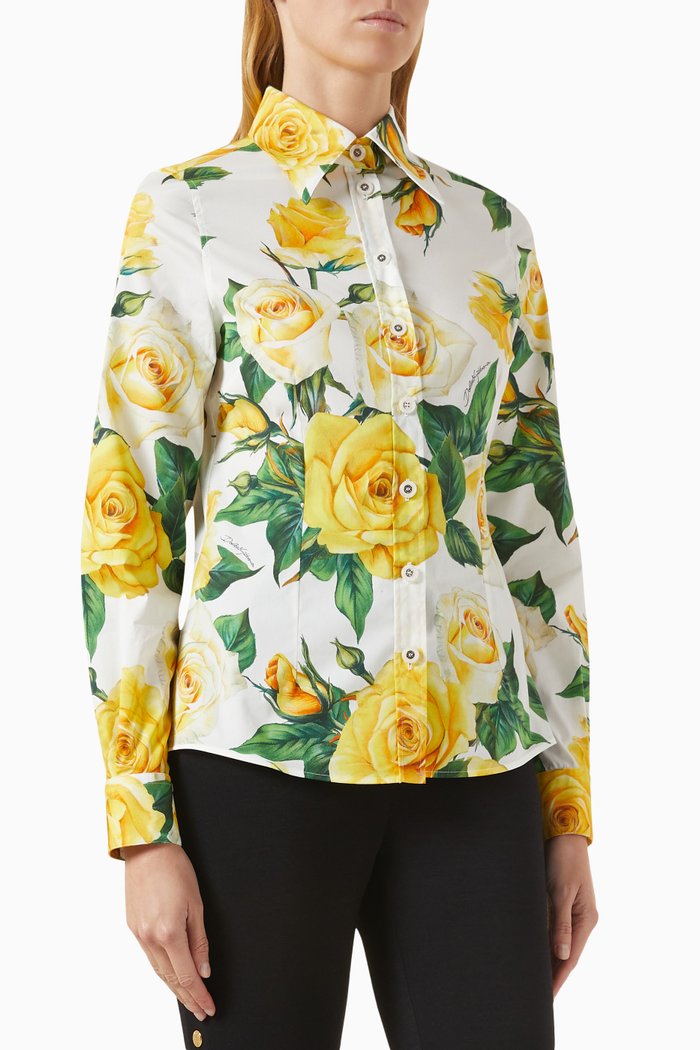 

Floral-print Shirt in Stretch Cotton-poplin, Yellow