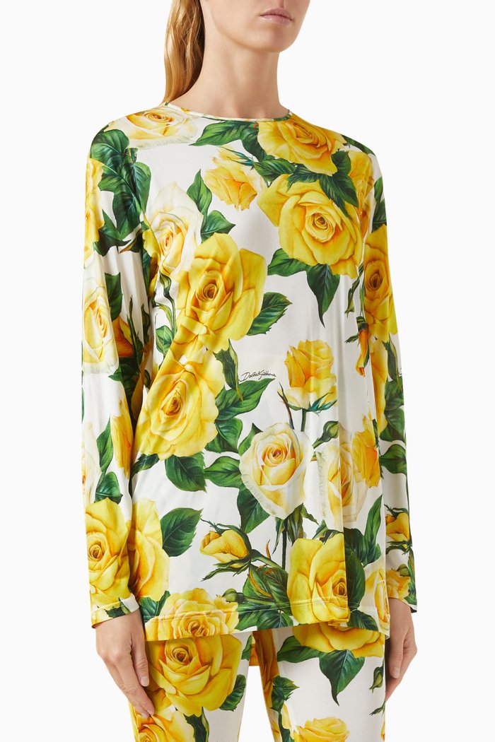 

Floral-print Long-sleeve Top in Organzine, Yellow