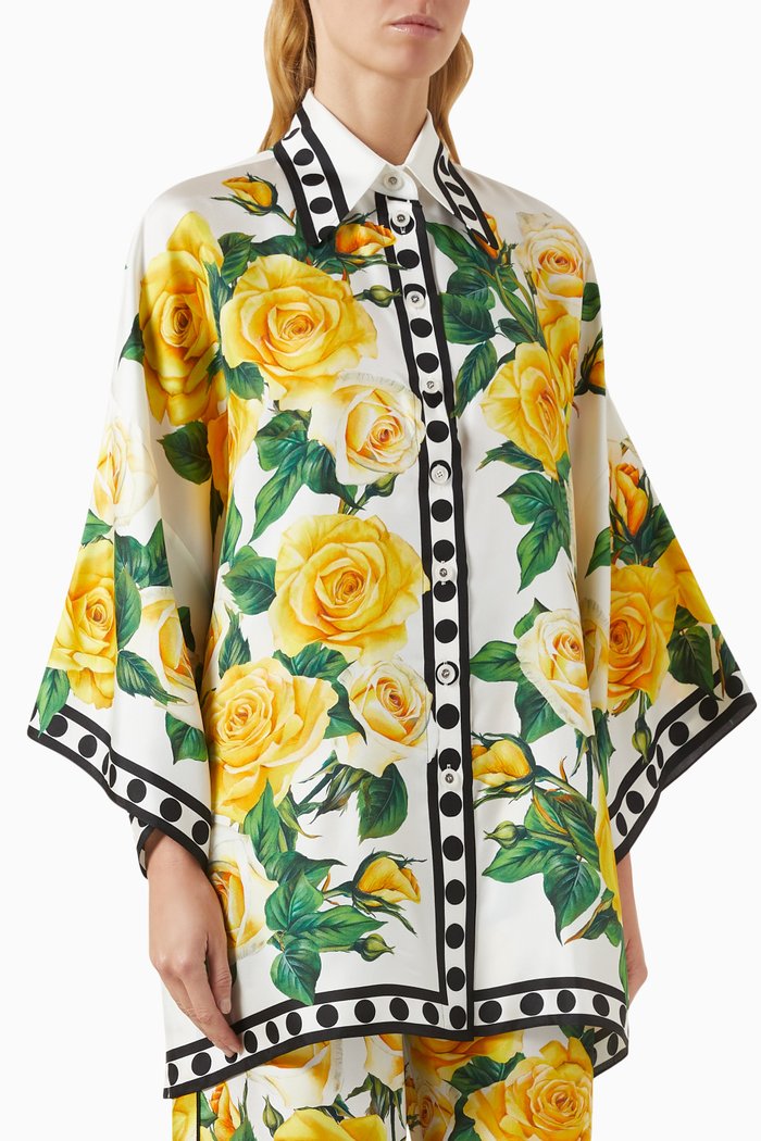 Floral-print Oversized Shirt in Silk-twill, Yellow