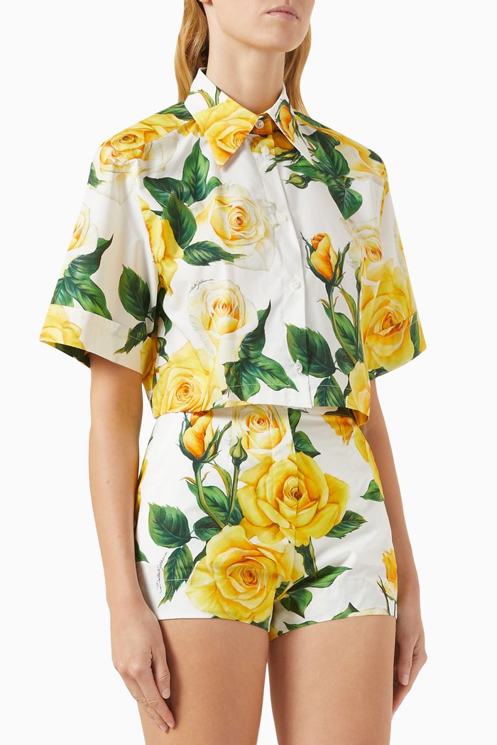 

Floral-print Crop Shirt in Cotton-poplin, Yellow