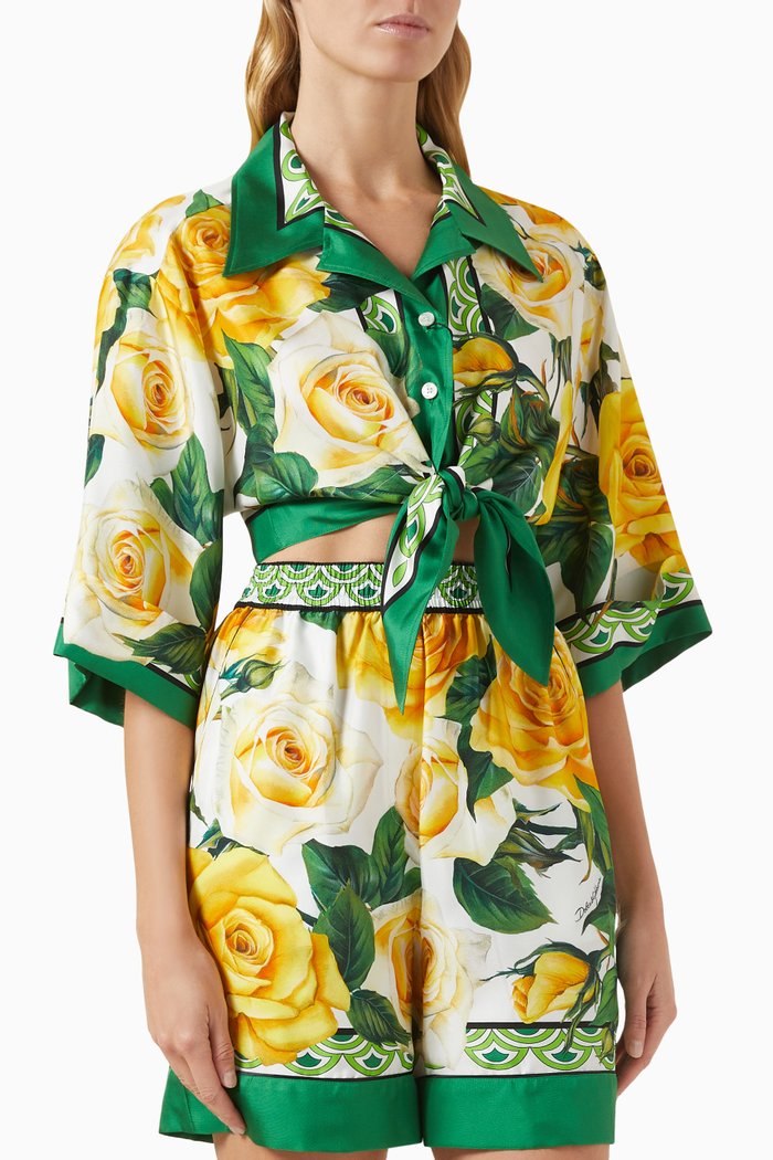 

Floral-print Tie Crop Shirt in Silk-twill, Green