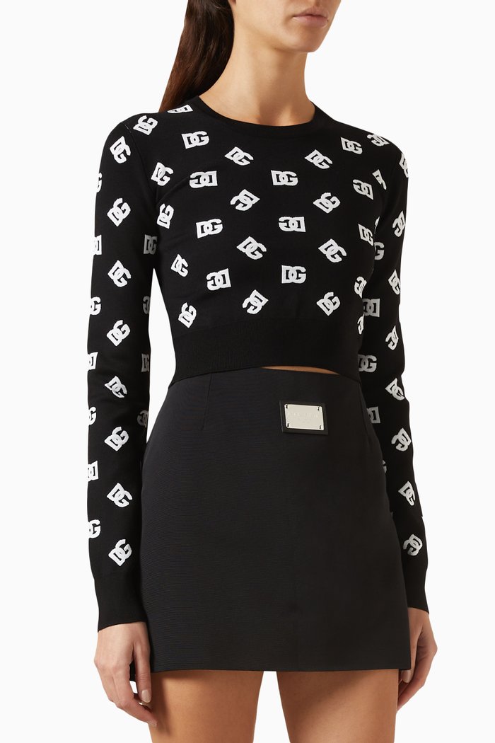 Allover Logo-jacquard Crop Sweater in Viscose, Black