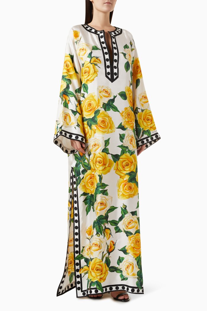 

Floral-print Kaftan in Silk-twill, Yellow