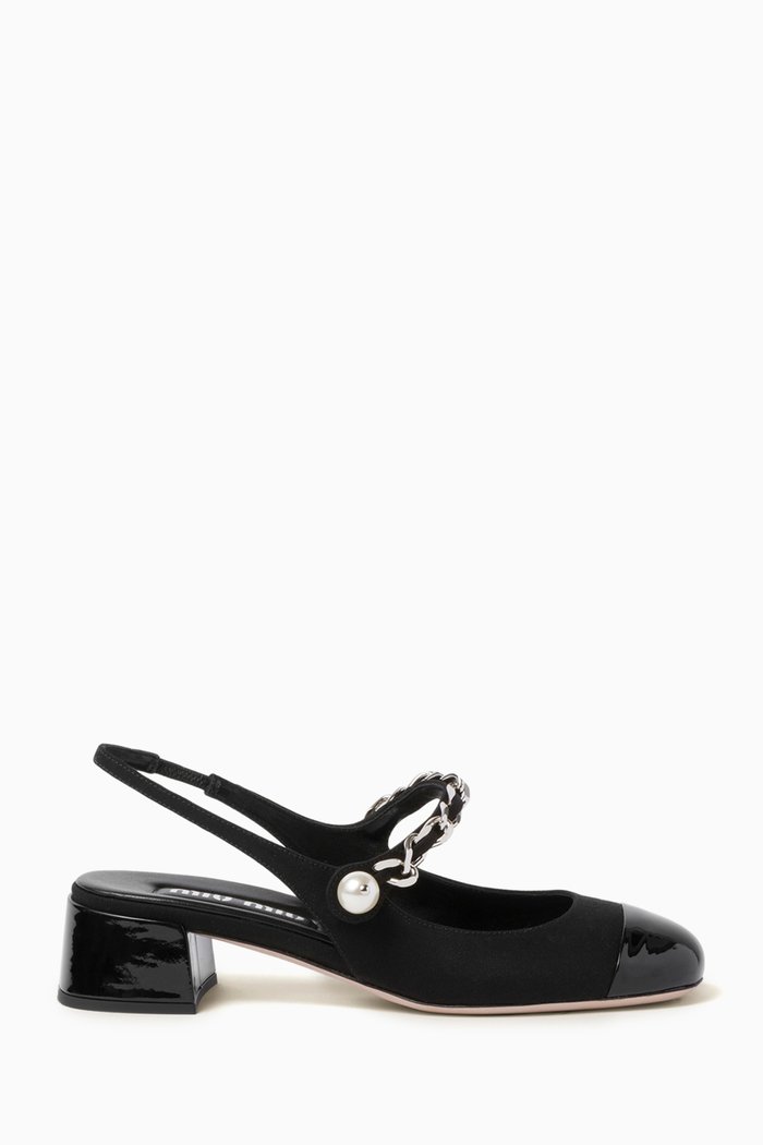 

Decollette Slingback Mules in Gabardine & Patent Leather, Black