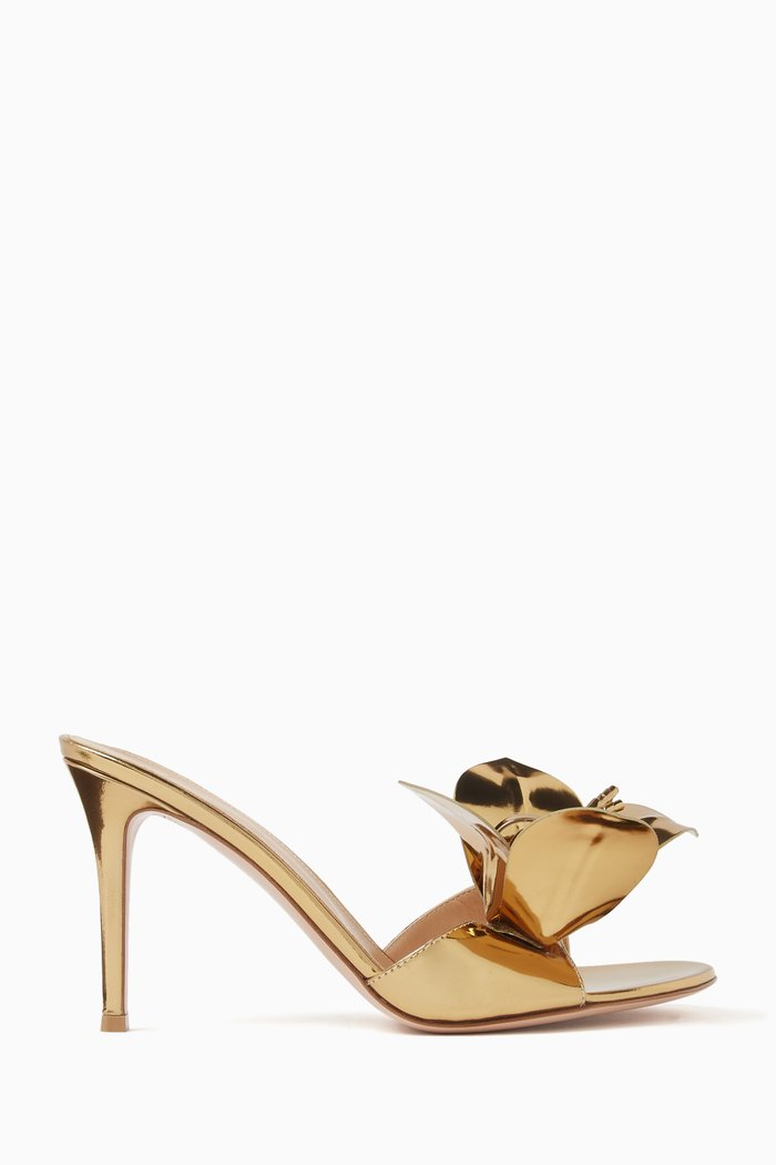 

Flower Heeled 85 Mules in Metallic Leather, Gold