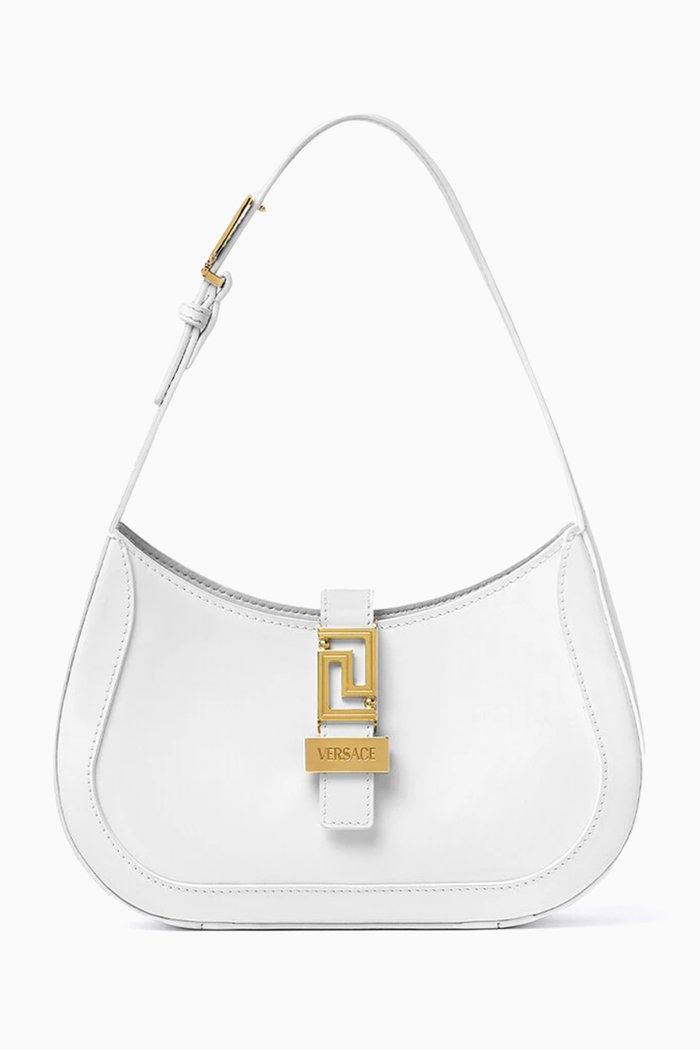 

Small Greca Goddess Hobo Bag in Polished Leather, White
