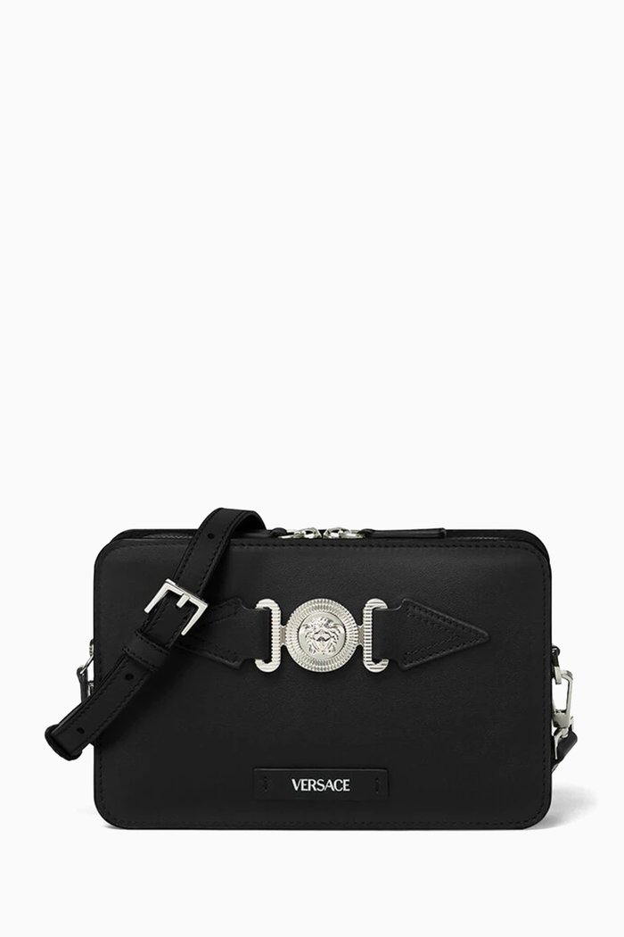 

Small Biggie Messenger Bag in Leather, Black