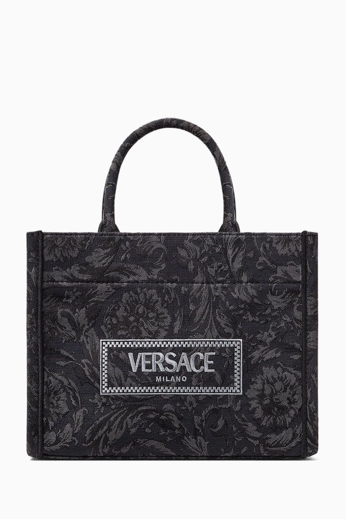 

Small Athena Tote Bag in Barocco Canvas, Black
