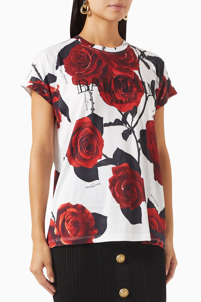 

Red Roses Print T-shirt in Jersey, Multicolour