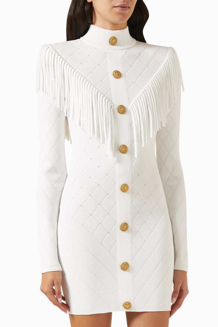 Fringed Mini Dress in Viscose-blend, White
