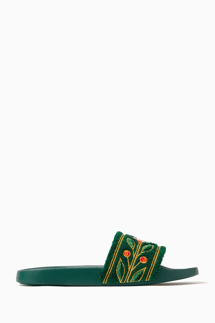 

Laurel Embroidered Slides in Terry, Green