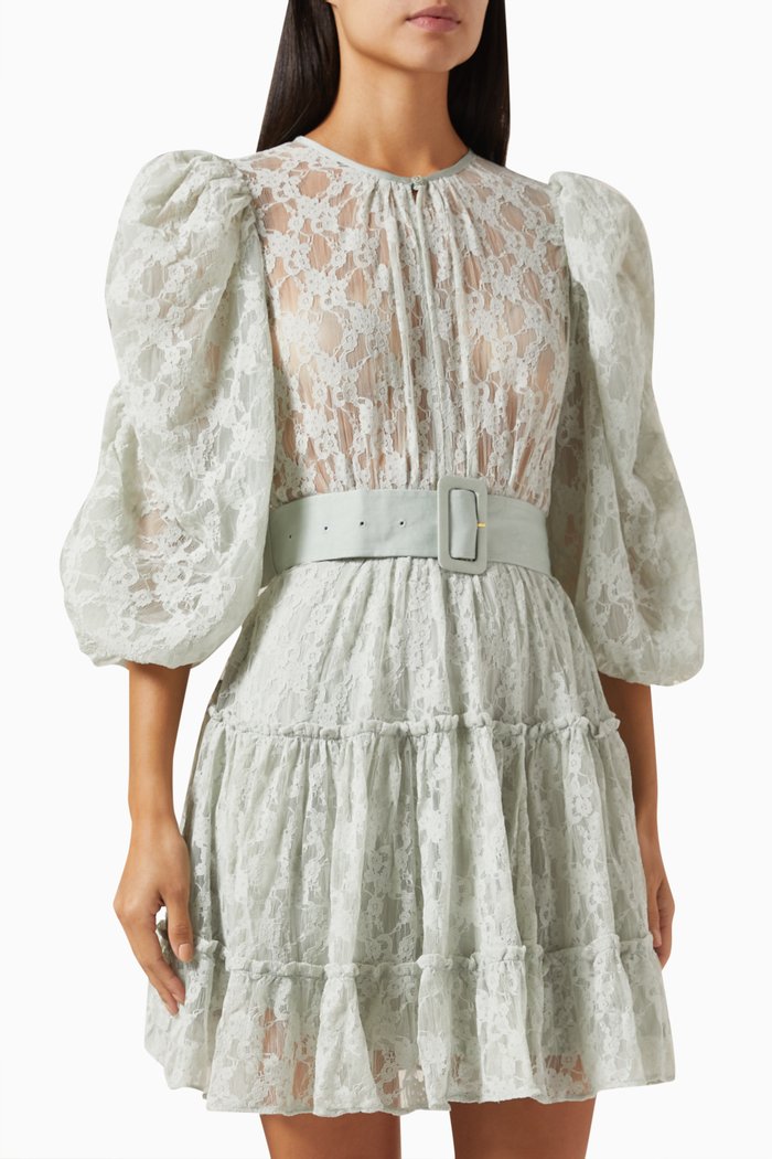 

Belted Mini Dress in Lace, Blue