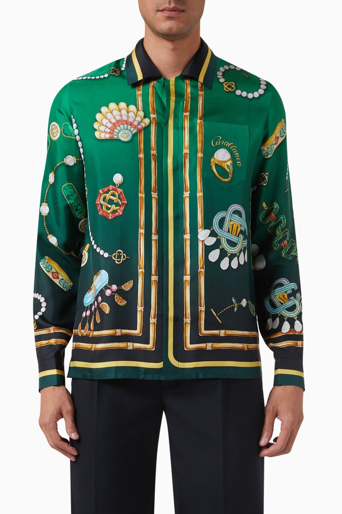

Cuban Collar Long Sleeve Shirt in Silk, Green