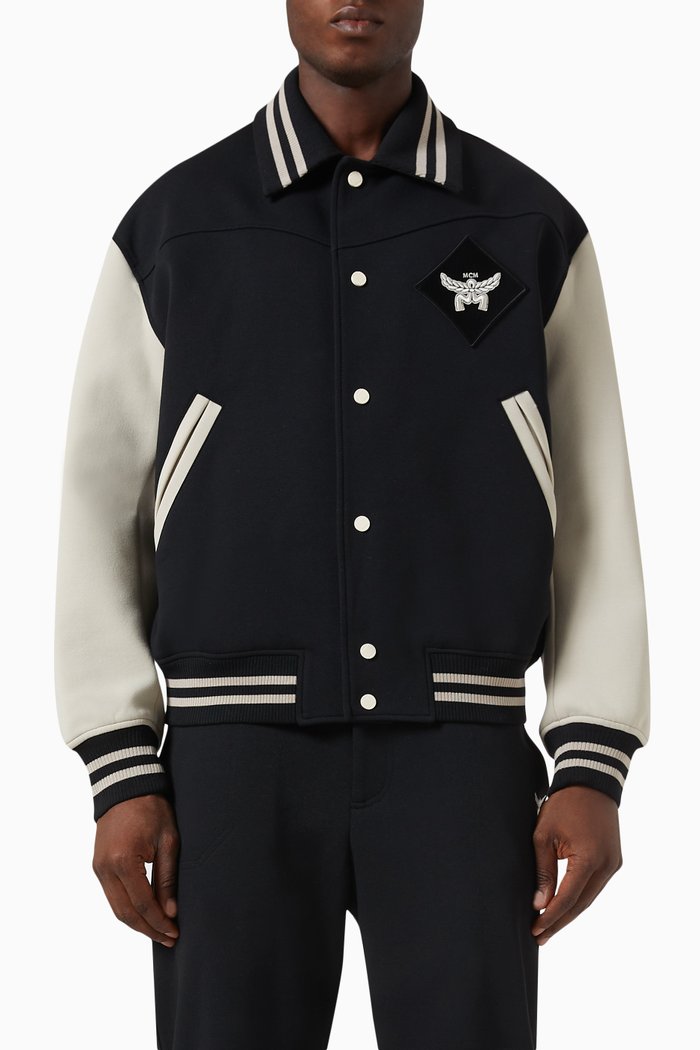 

Essential Logo Patch Varsity Jacket in Stretch Recycled Cotton Blend, Black