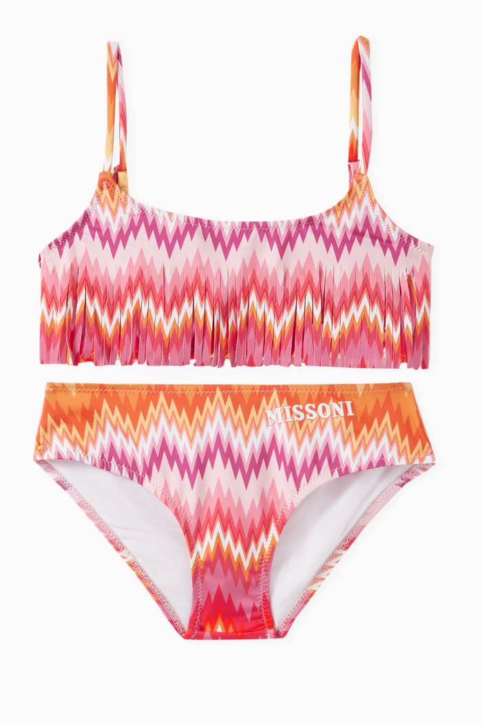 Zig Zag Fringed Bikini Set in Stretch Nylon, Multicolour