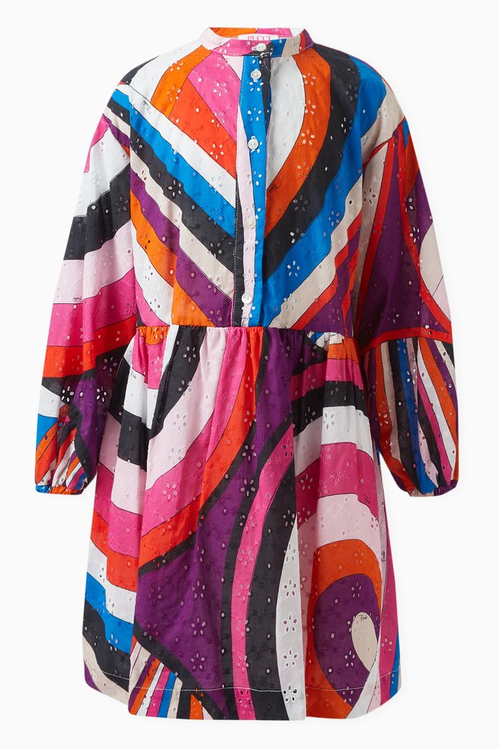 

Onde-print Broderie Anglaise Dress in Cotton, Multicolour