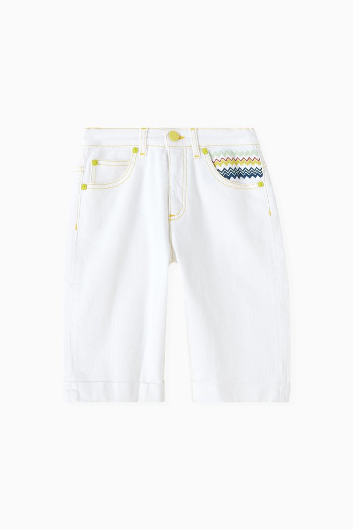 

Zigzag Embroidered Shorts in Denim, White