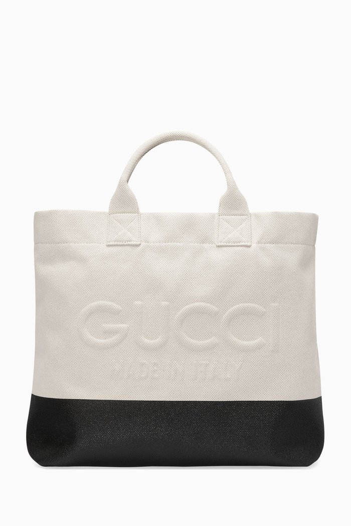 Embossed Logo Tote Bag in Canvas, Neutral