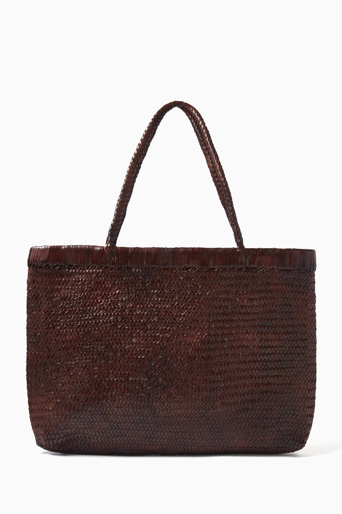 

Wide Bagu Woven Tote Bag in Leather, Brown