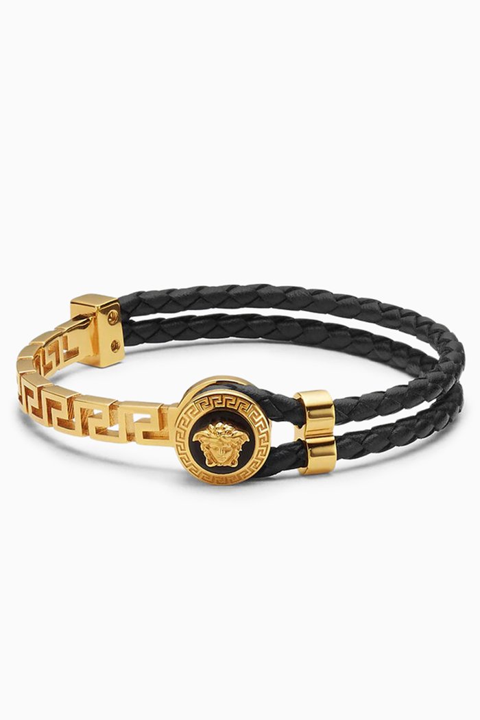 

Greca Braided Bracelet in Leather & Metal, Gold