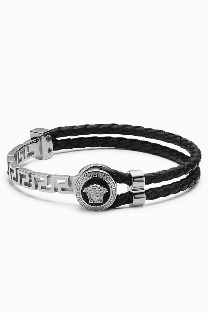 

Greca Braided Bracelet in Leather & Metal, Grey