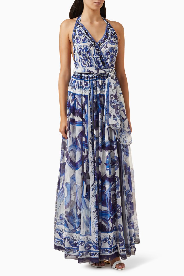 

Majolica Print Halterneck Maxi Dress in Silk Chiffon, Blue