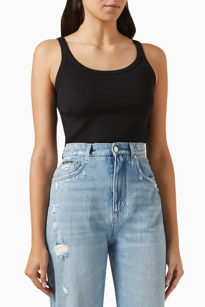 

Fine Rib Tank Top in Cotton, Black