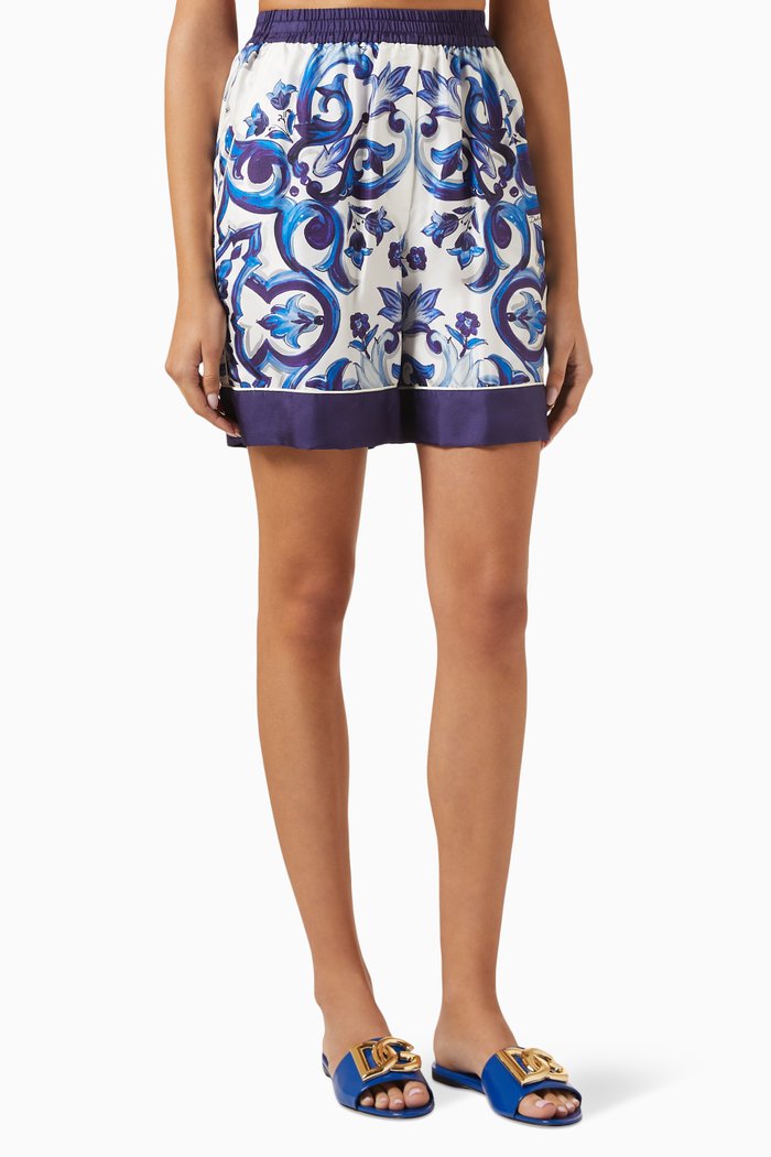 

Majolica-print Twill Pajama Shorts in Silk, Blue