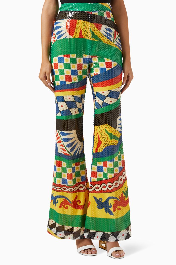 Sequinned Flared Pants in Carretto Print, Black
