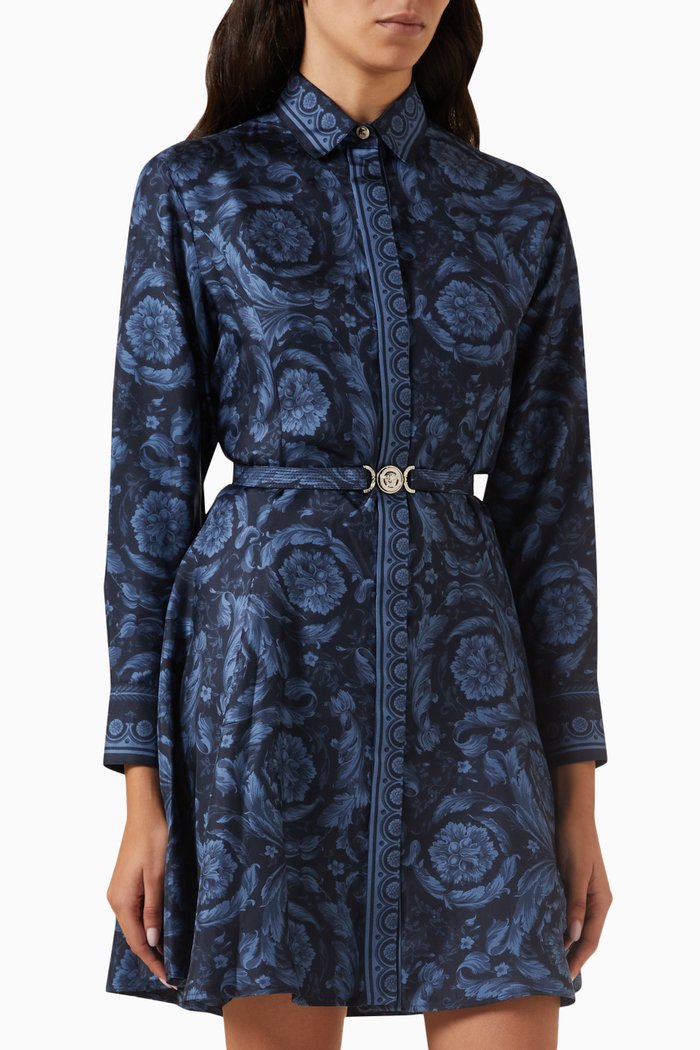 

Barocco Mini Shirt Dress in Silk Twill, Blue