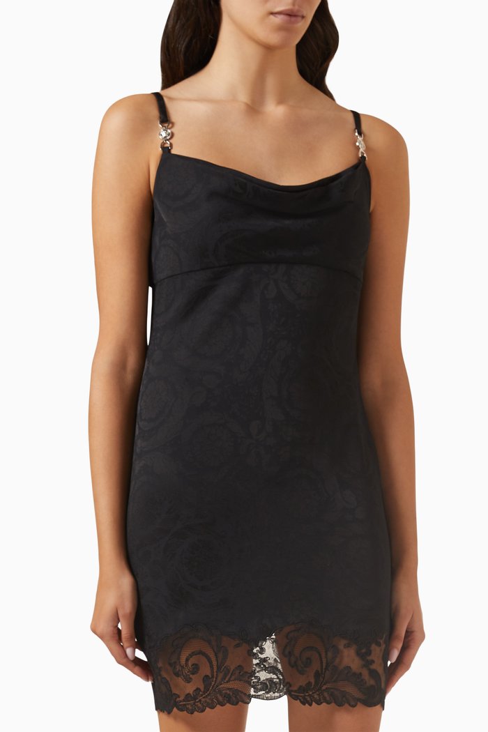 

Barocco Lace Cowl Mini Dress in Satin Jacquard, Black