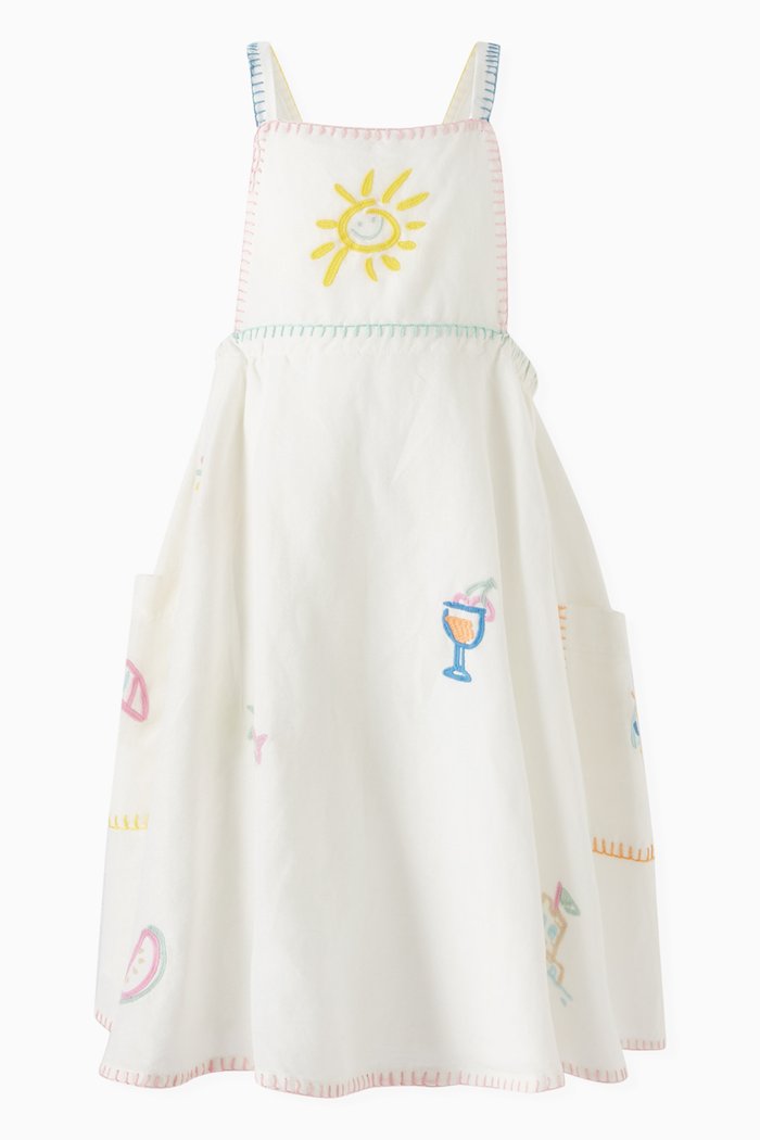 

Summer Embroidered Dress in Linen & Cotton, White