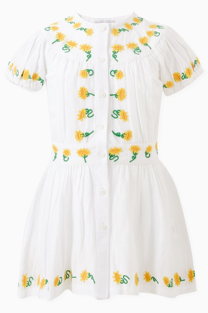 Sunflower Embroidered Dress in Cotton, White