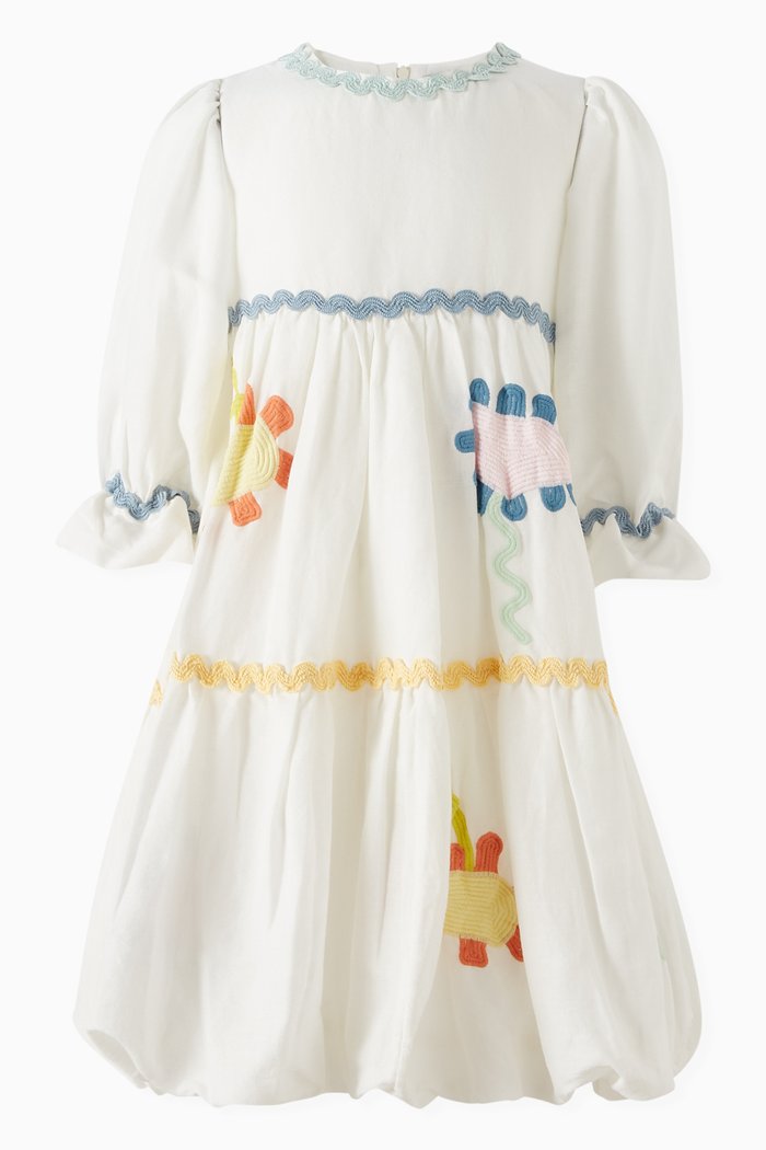 

Floral Embroidered Dress in Linen & Cotton, White