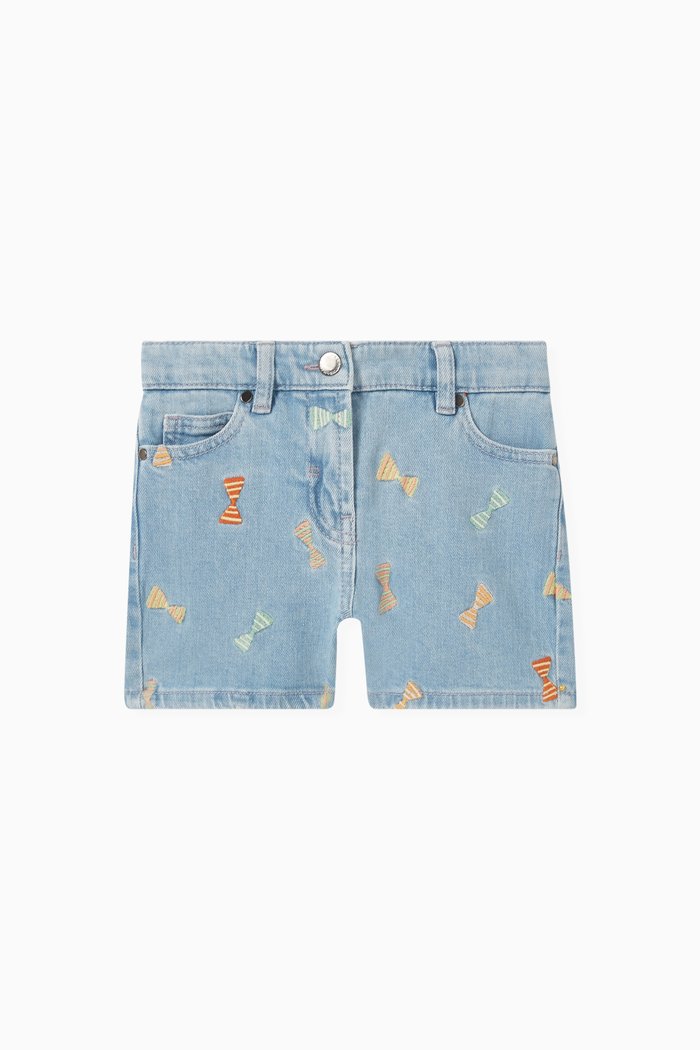 Embroidered-motif Denim Shorts, Blue