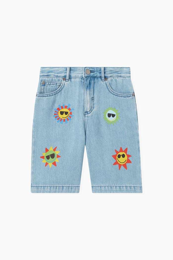 

Sun Print Denim Shorts, Blue