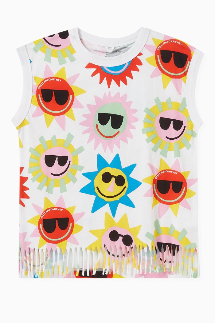 

Sun Print Fringed Top in Cotton, Multicolour