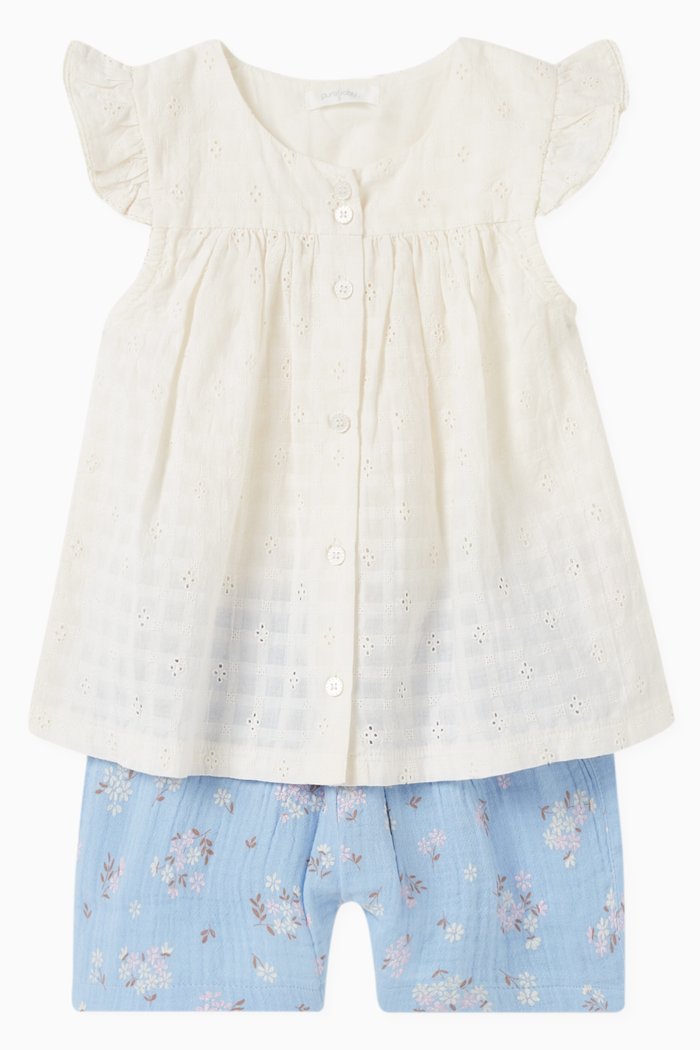 

Petal Broderie Set in Organic Cotton, Blue