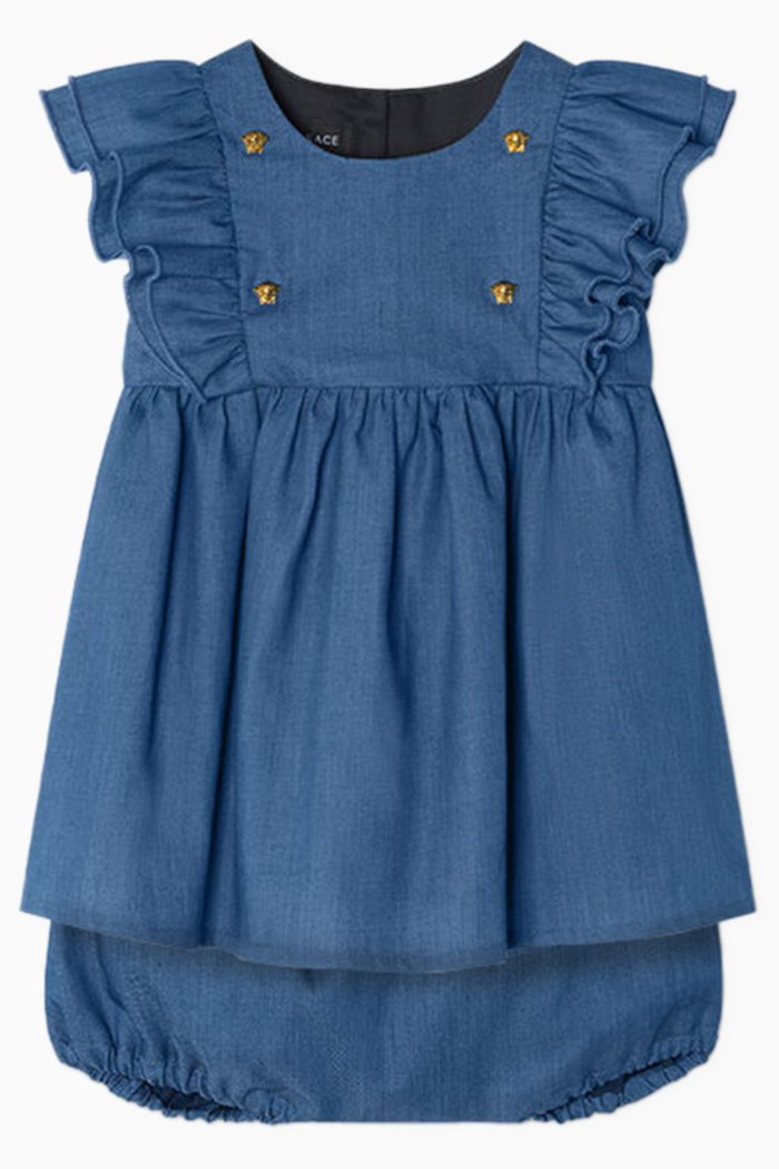

Ruffled Chambray Baby Dress Set, Blue
