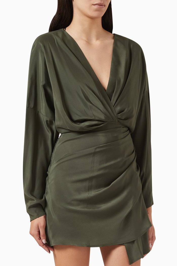 Asuka Wrap Mini Dress in Silk, Green
