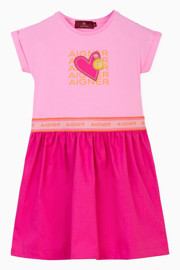 

Heart Logo Print Dress in Cotton, Pink