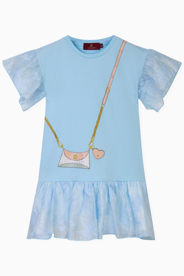 Bag Print Dress in Cotton Jersey, Blue