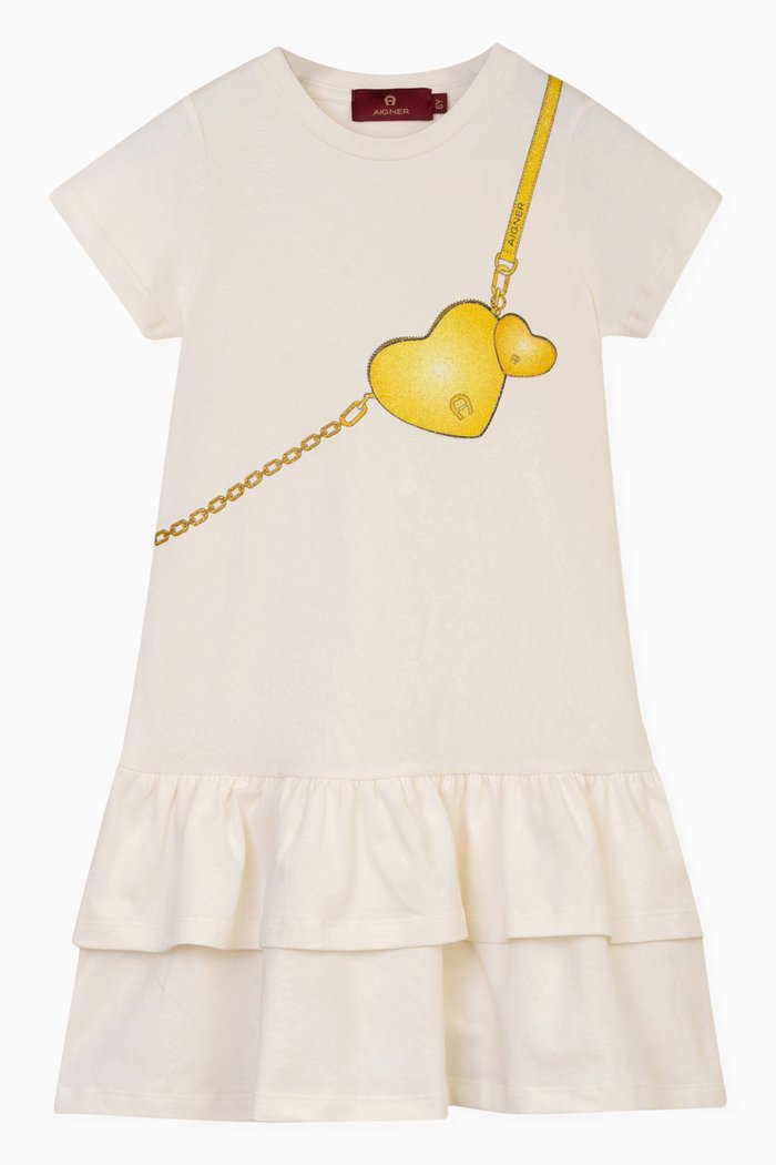 

Bag-print Ruffled Dress in Cotton-jersey, Gold
