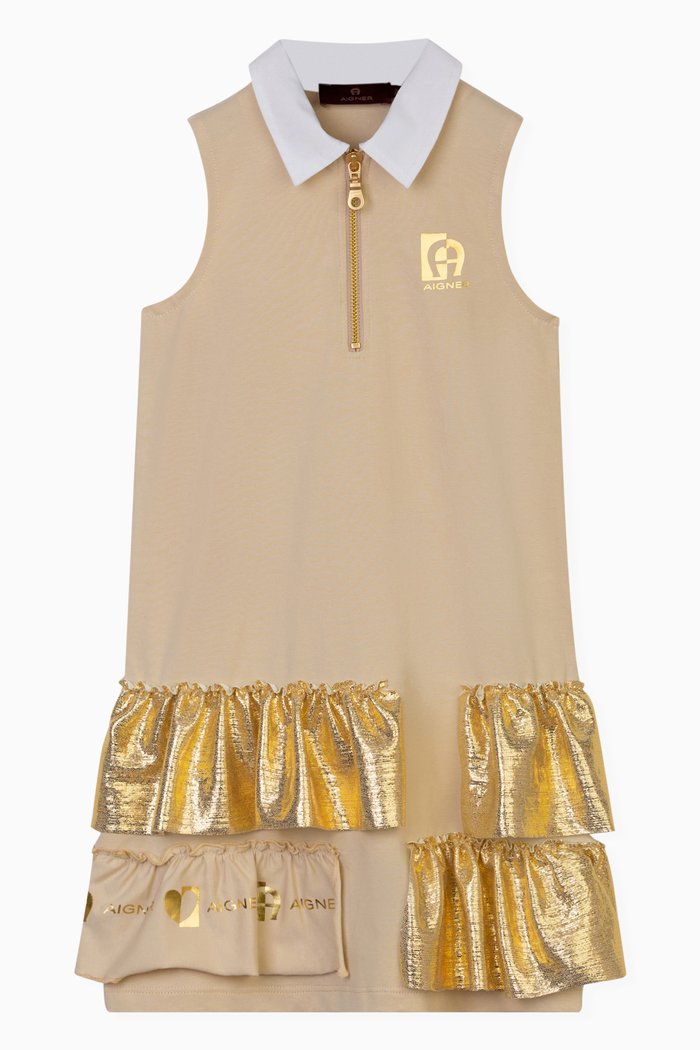 

Frill Dress in Cotton Blend, Gold