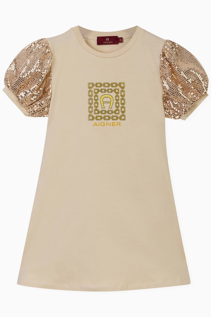 

Sequin-embellished Logo Dress in Cotton-jersey, Gold