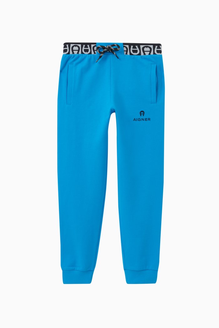 Logo Print Trousers in Cotton, Blue