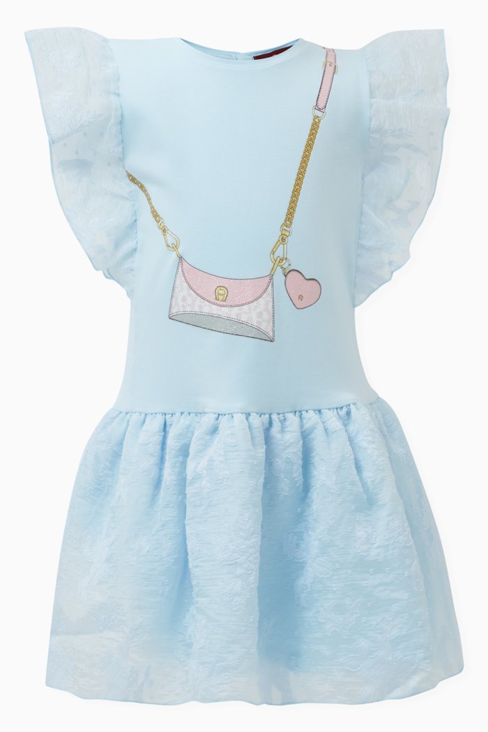 Bag-print Ruffled Dress in Cotton-jersey, Blue