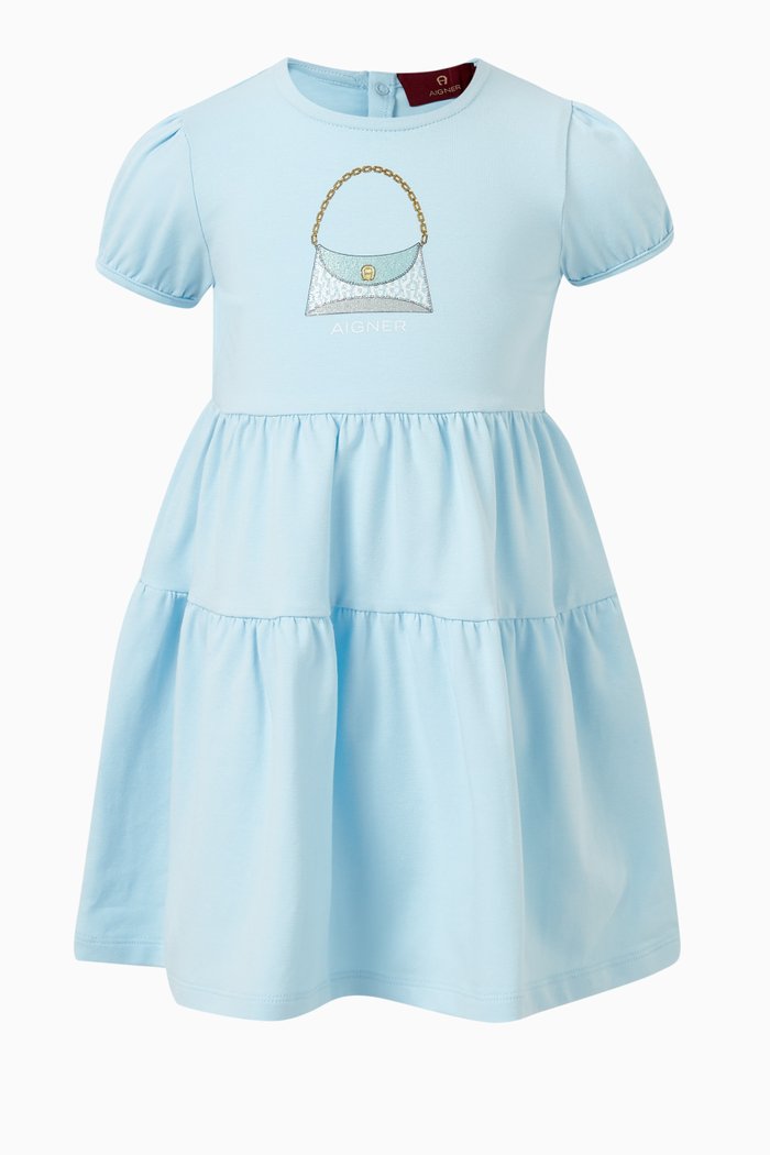

Logo-print Tiered Dress in Cotton-jersey, Blue